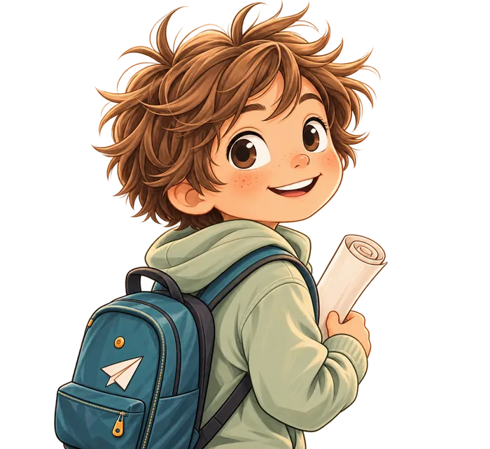 Ilustración de Lolo con mochila azul y un pergamino