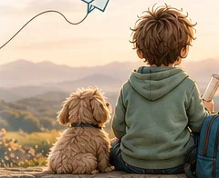 Niño de espaldas junto a su perro mirando las montañas al atardecer